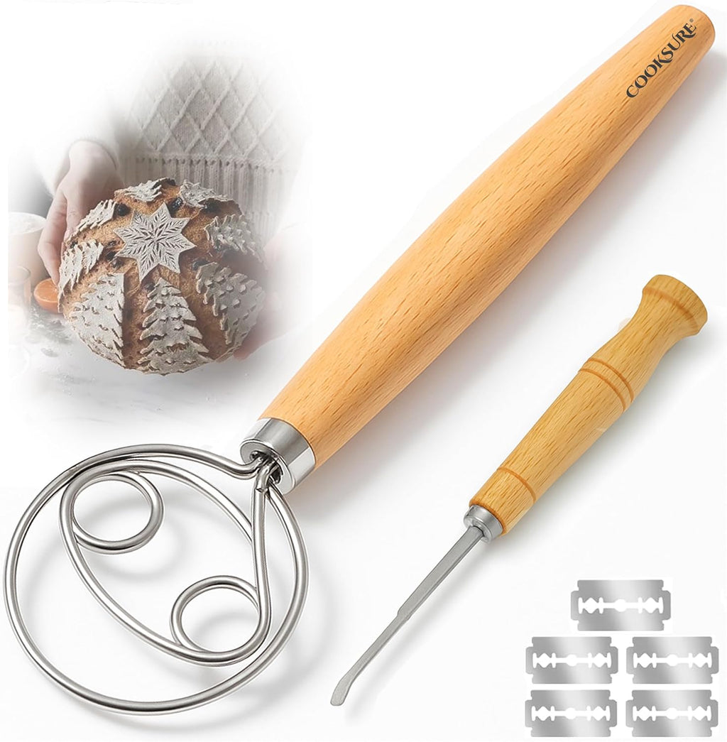 Danish Dough Whisk & Bread Lame Set for Sourdough Bread – Wooden Handle Dough Whisk Mixer and Bread Scoring Tool