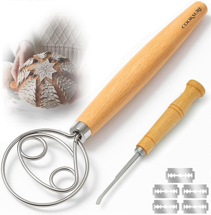 Danish Dough Whisk & Bread Lame Set for Sourdough Bread – Wooden Handle Dough Whisk Mixer and Bread Scoring Tool