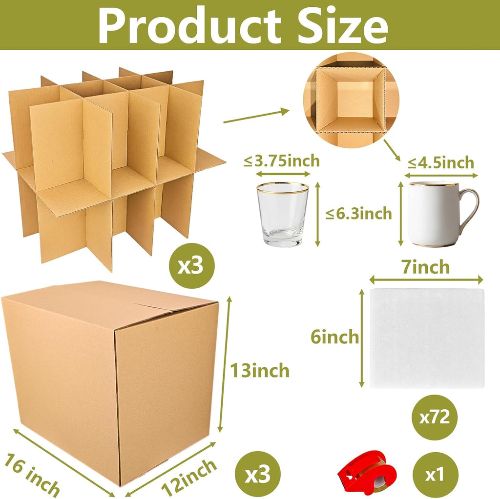 3 Sets of 72-Grid Cups & Mugs Packing/Moving Boxes with 2-Tier Divider Kits