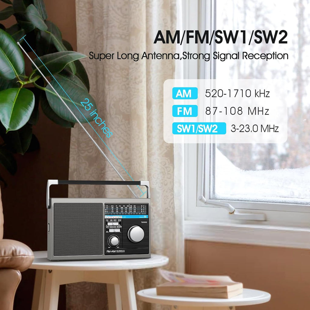 Portable AM FM Radio, Shortwave Transistor Radio with Best Reception, Battery Operated or AC Power Retro with Big