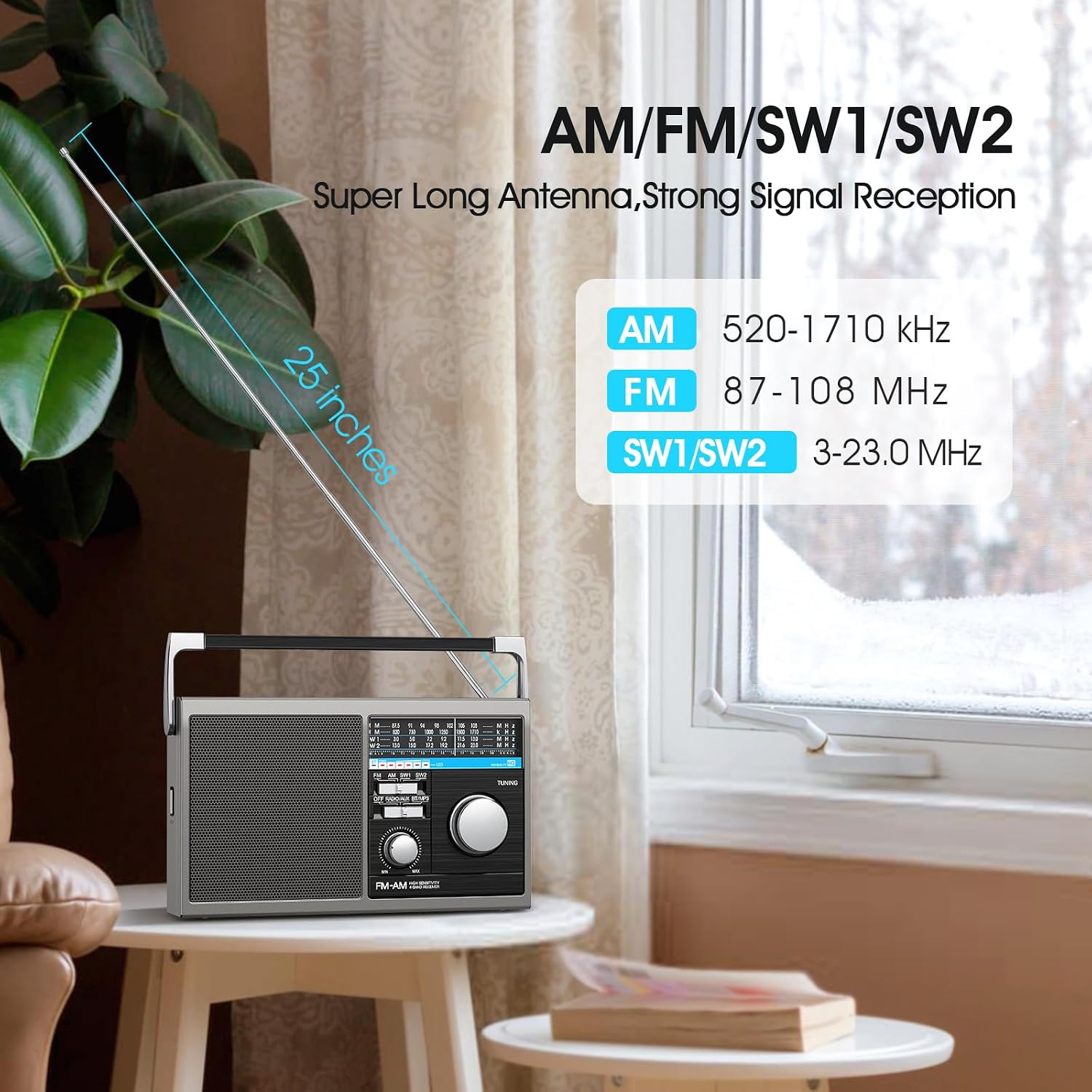 Portable AM FM Radio, Shortwave Transistor Radio with Best Reception, Battery Operated or AC Power Retro with Big