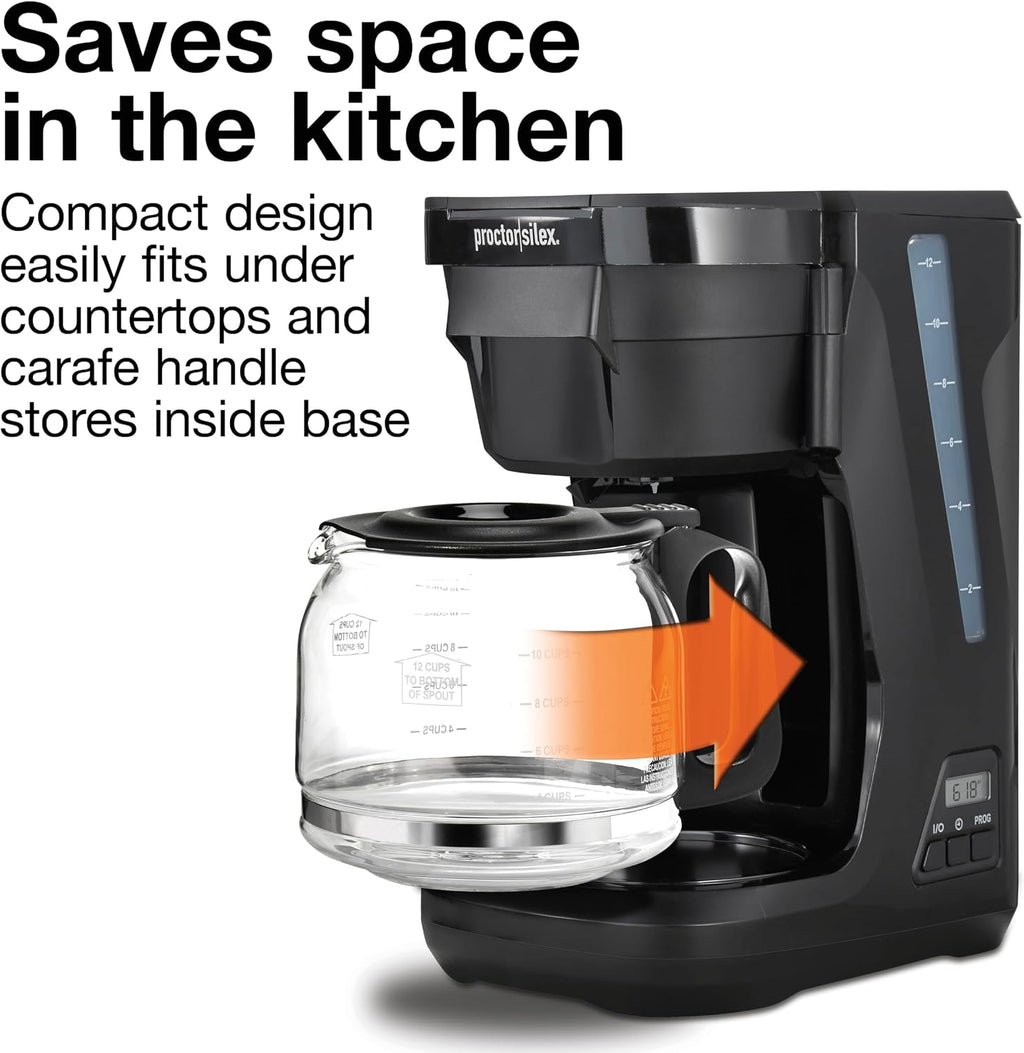 Digital & Programmable FrontFill 12 Cup Drip Coffee Maker | Glass Carafe | Compact | Auto Shutoff | Black & Silver |