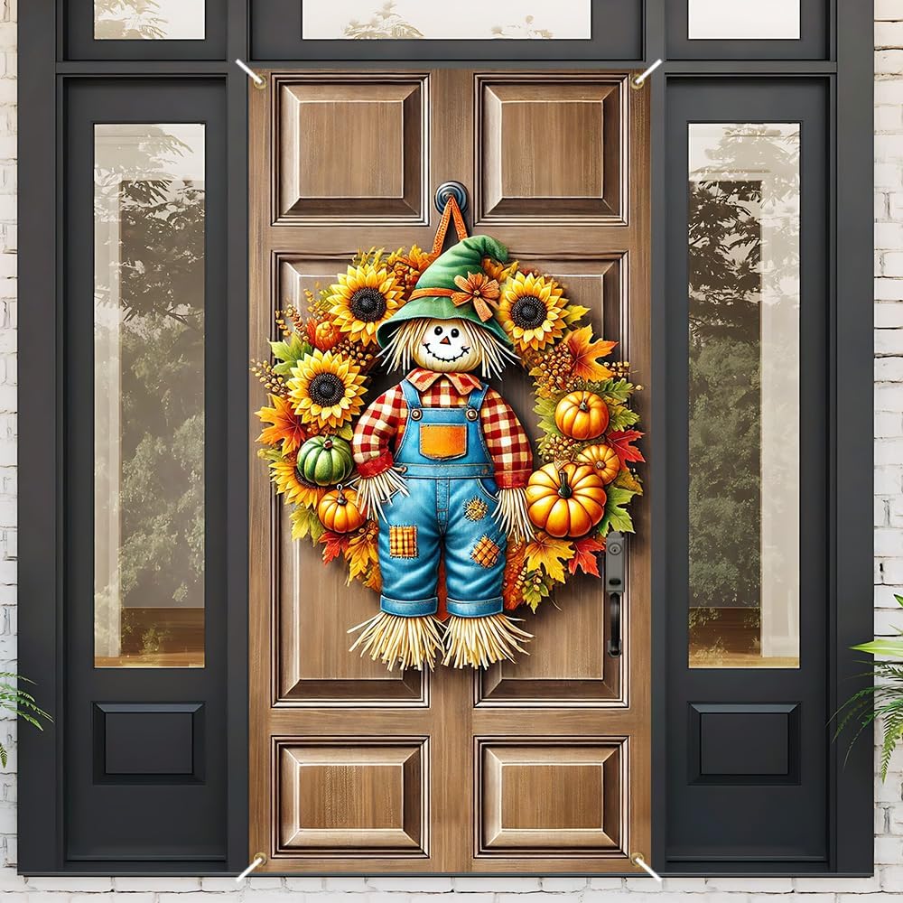 Fall Scarecrow Sunflower Pumpkin Door Cover 35x70in Thanksgiving | Weather-tough 150D polyester with 4 grommets and