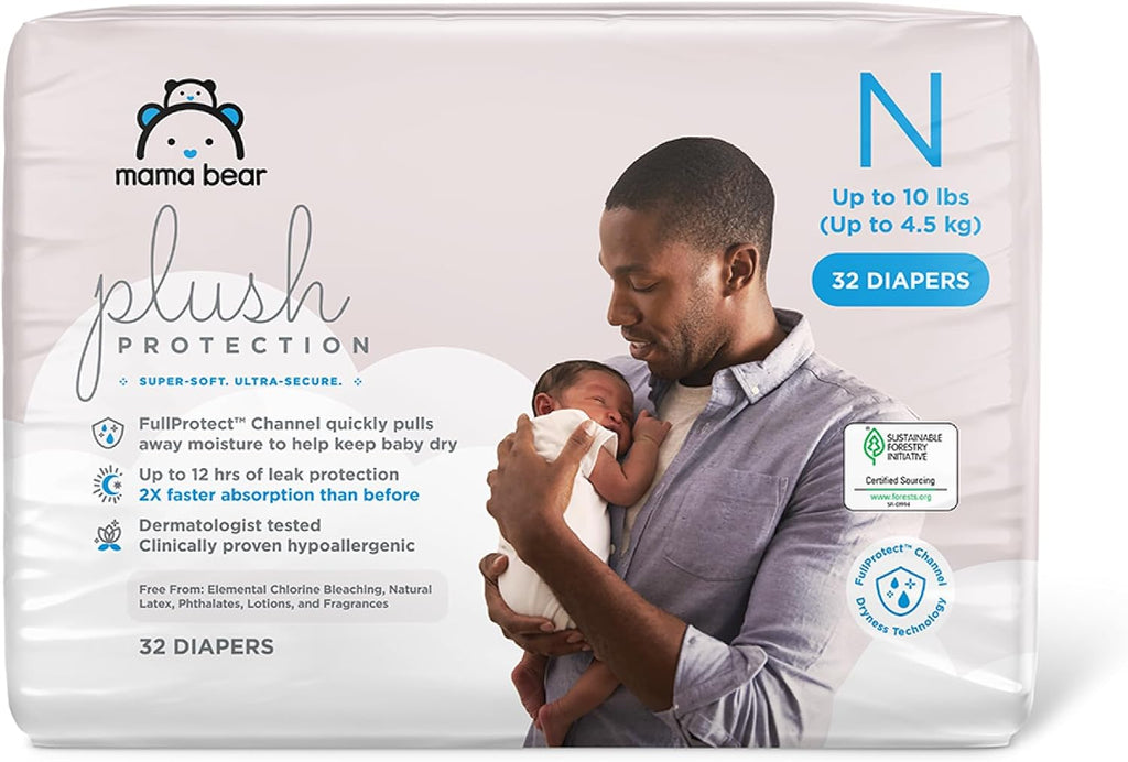 Amazon Brand - Mama Bear Plush Protection Diapers, Keeps Baby Dry, Skin Safe, Leakproof, Size Newborn, 32 Count