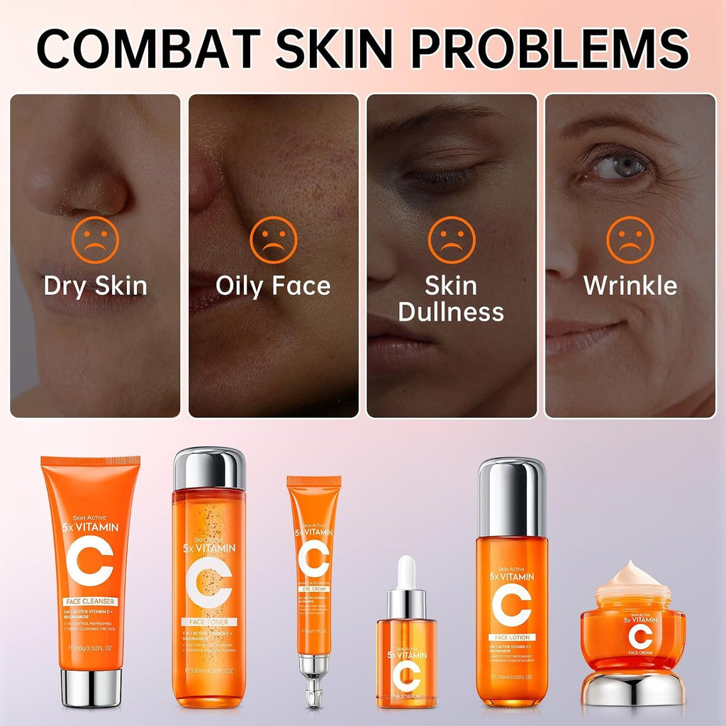 Vitamin C Skin Care Set for Women - 6PCS Skincare Gift Set With Facial Cleanser, Toner, Eye Cream, Serum, Lotion &