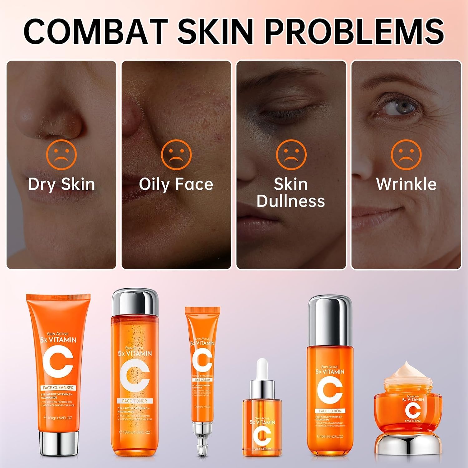 Vitamin C Skin Care Set for Women - 6PCS Skincare Gift Set With Facial Cleanser, Toner, Eye Cream, Serum, Lotion &