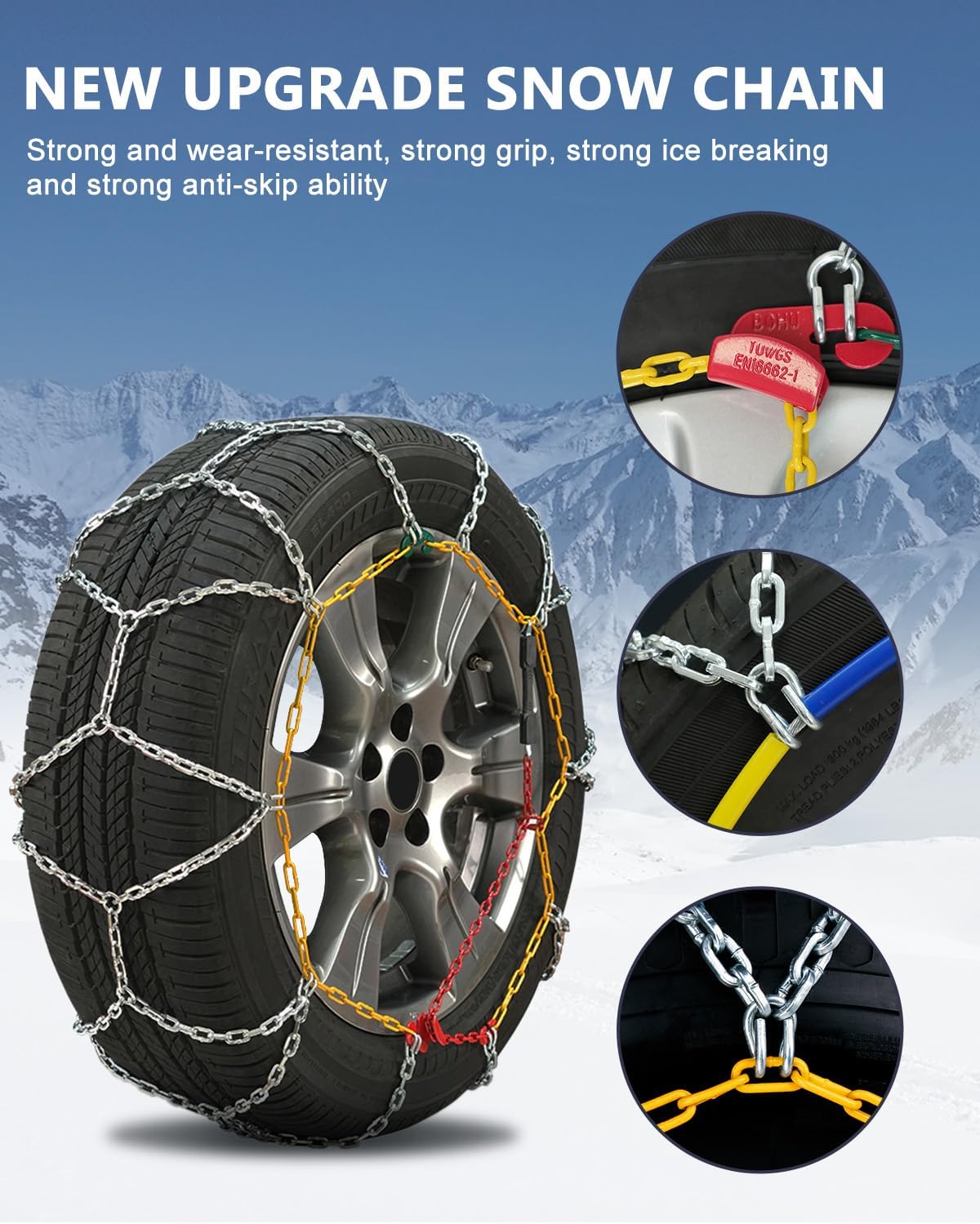 KN100 Snow Chains Quick Easy Installation,Tire Traction Chain for Car Pickup Trucks SUV,Adjustable Universal