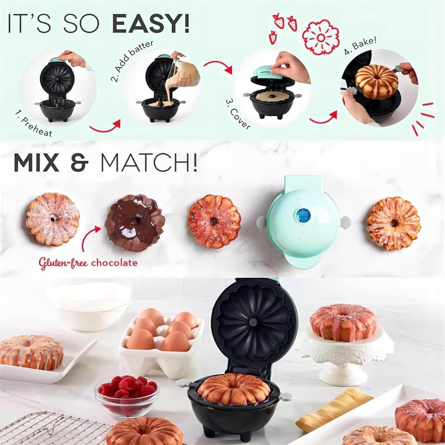Cake Maker Lava Cake Maker Mini Donut Maker Waffle Maker Pancakes Maker Machine for Breakfast, Snacks, Desserts