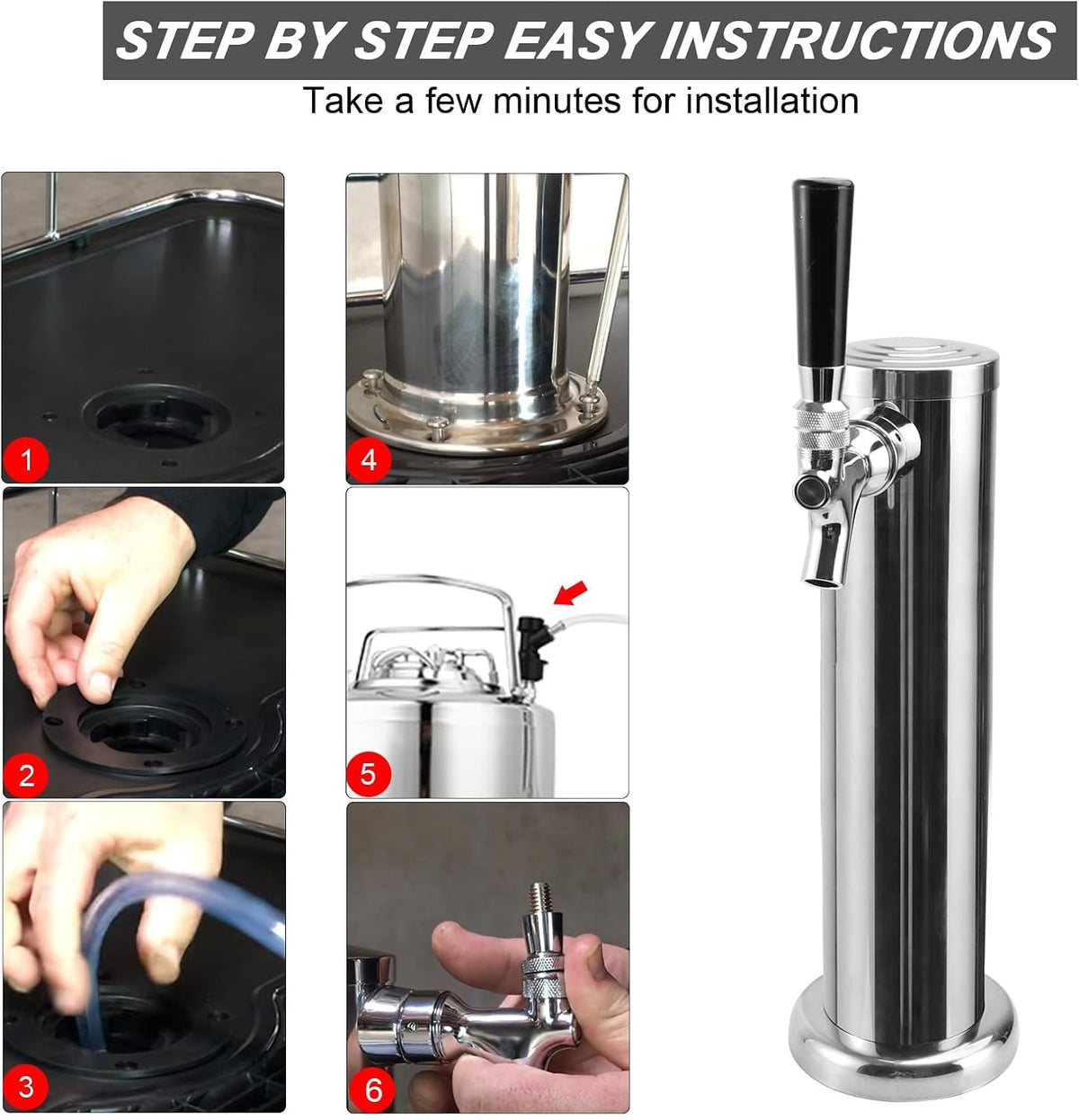 Single Kegerator Tap Tower, Stainless Steel Beer Tower Dispenser