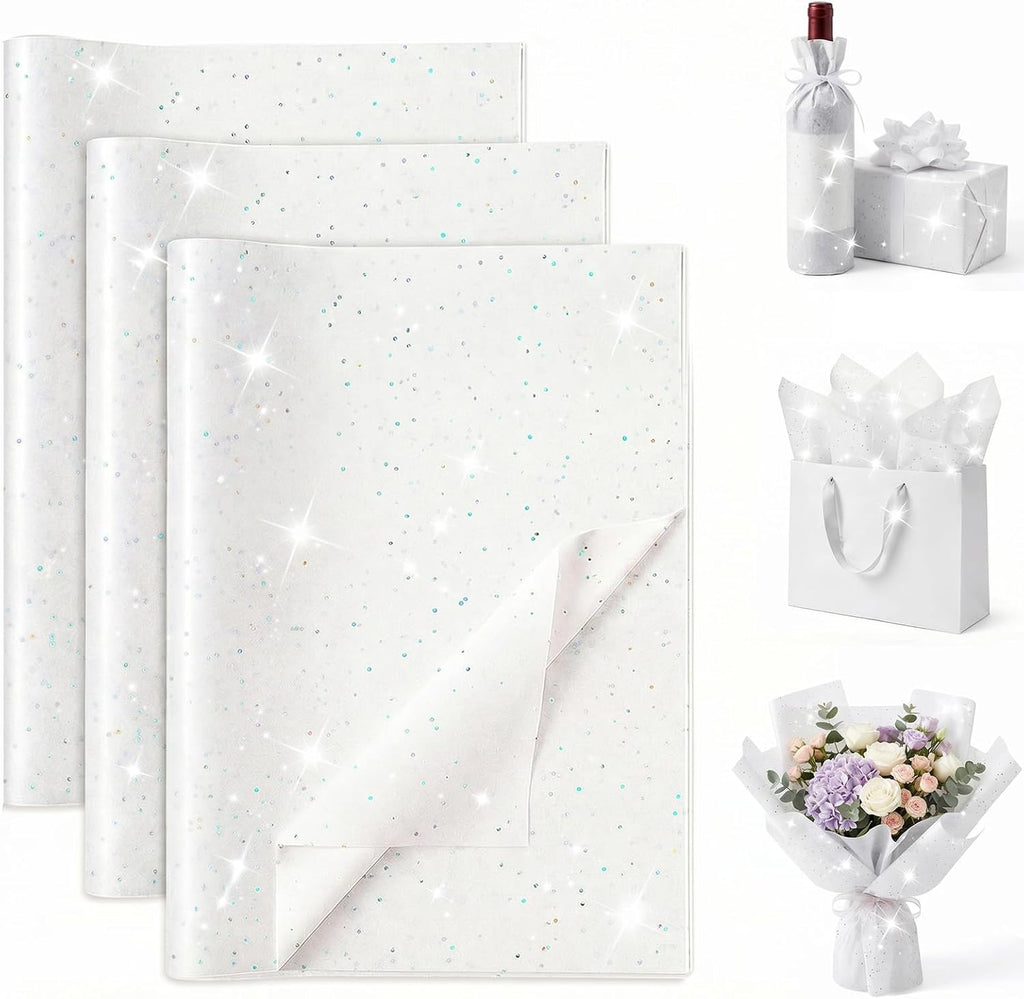 120 Sheets White Glitter Tissue Paper, 20 X 14 inch