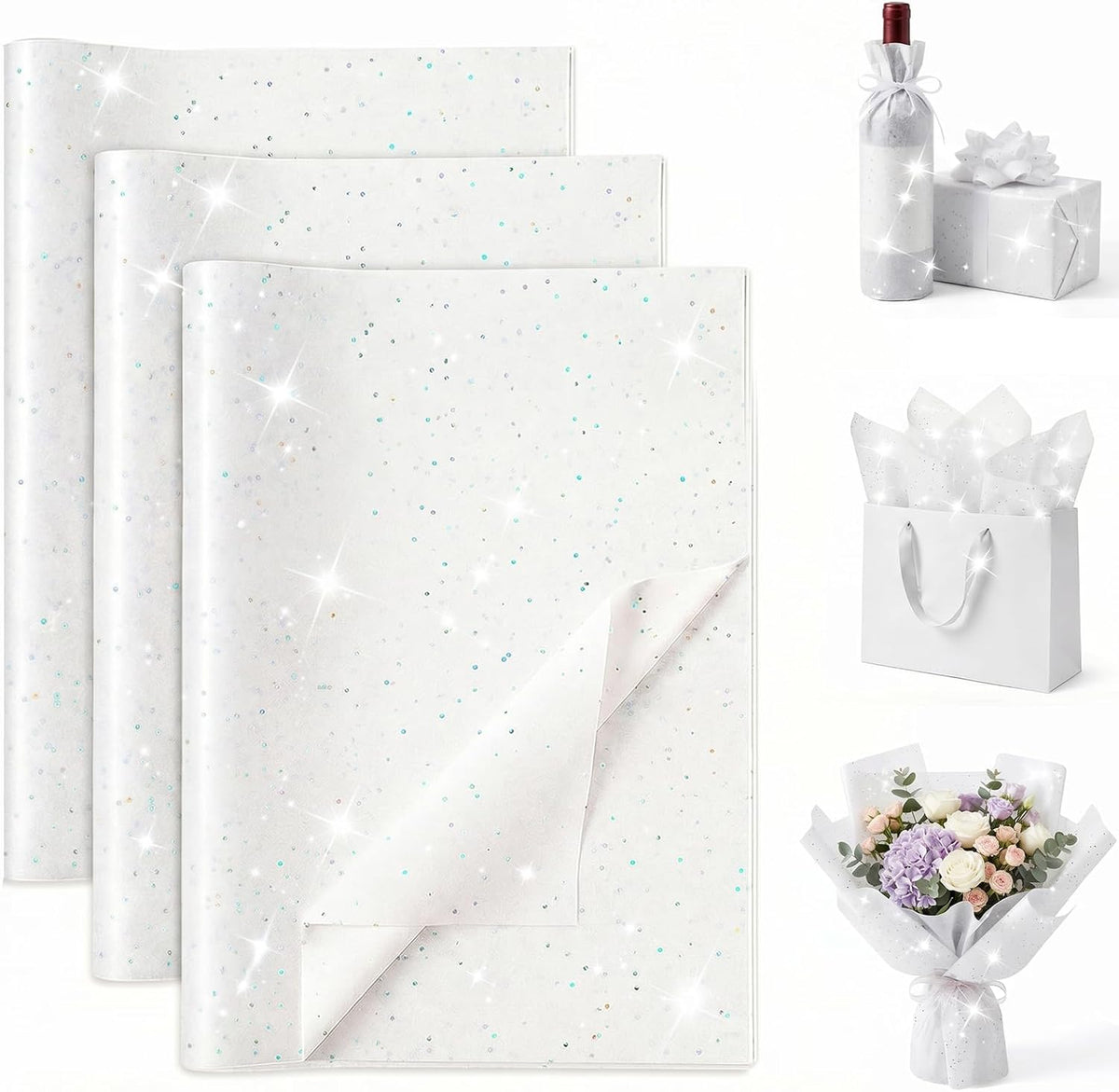 120 Sheets White Glitter Tissue Paper, 20 X 14 inch