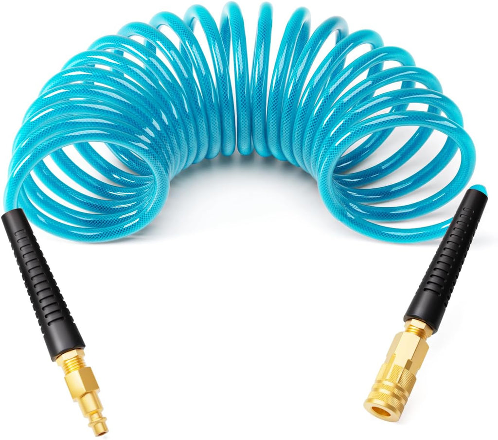 GASHER 1/4" 10FT Polyurethane Recoil Air Hose with Quick Coupler Plug Blue