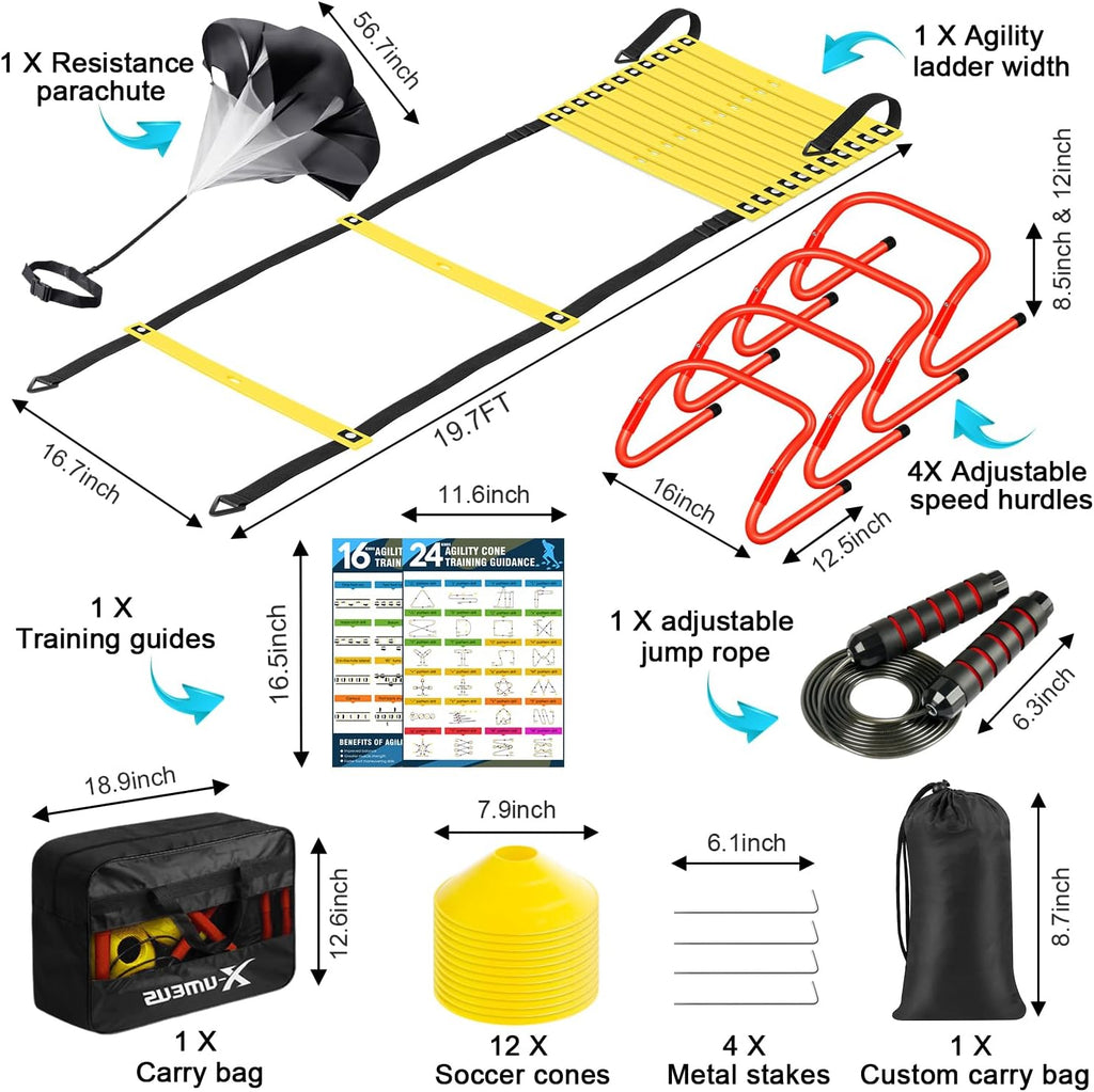 Agility Ladder Speed Training Equipment Set-20ft Agility Ladder,12 Soccer Cones,4 Hurdles, Jump Rope, Running
