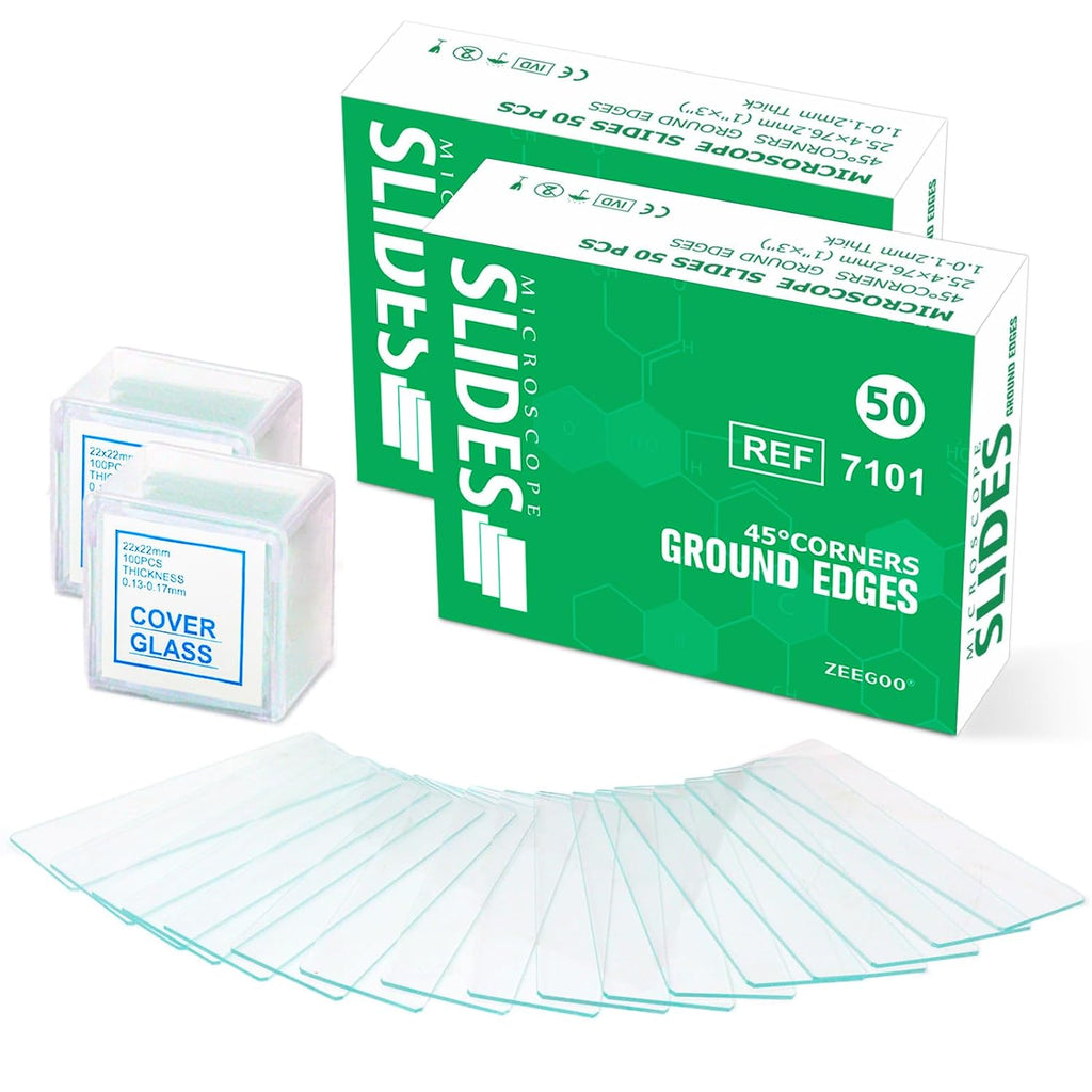 Microscope Slides and Covers, 100 Glass Slides + 200 Coverslips | Pre-Cleaned, Safe Ground Edges, 45°Corners, High