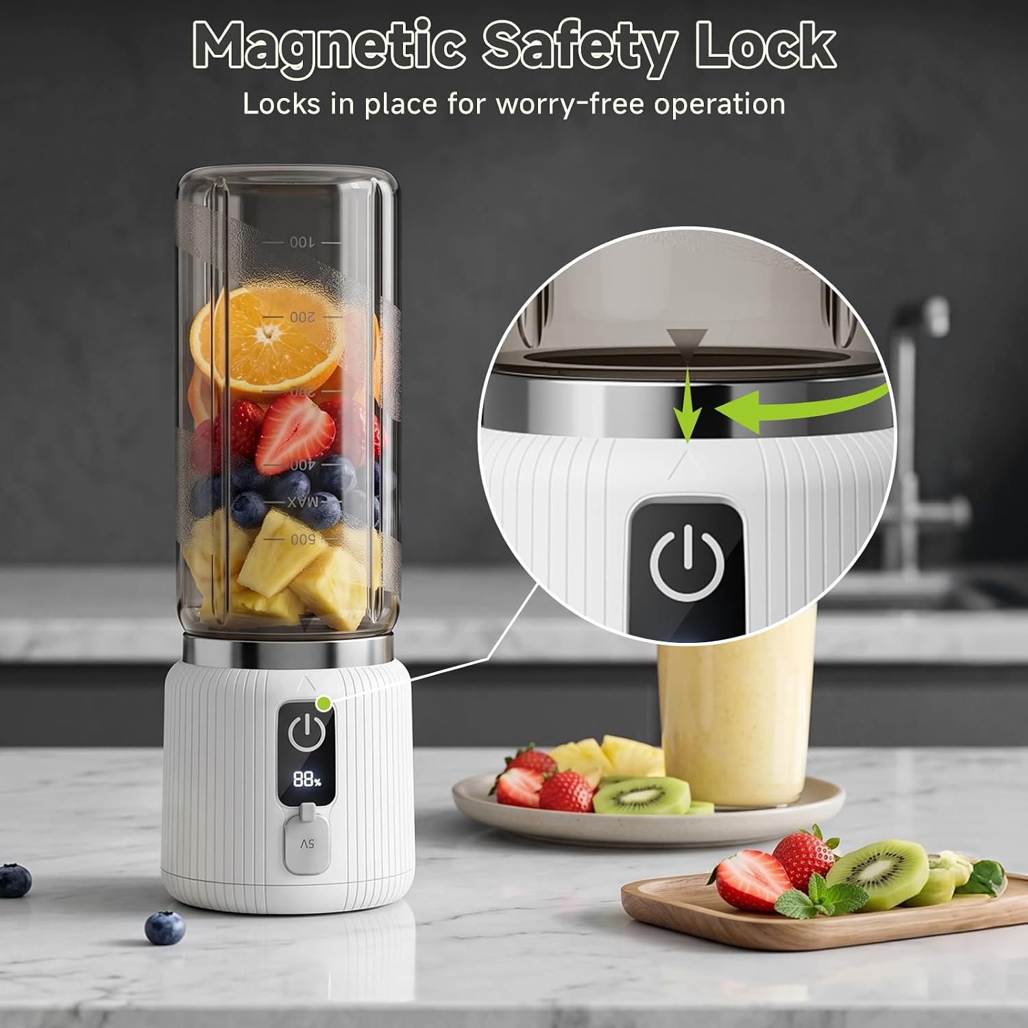 Portable Blender, Smoothie Blender with LED Display, 17 oz, White | 8 Blades, LED Display, USB-C Charging, Blender