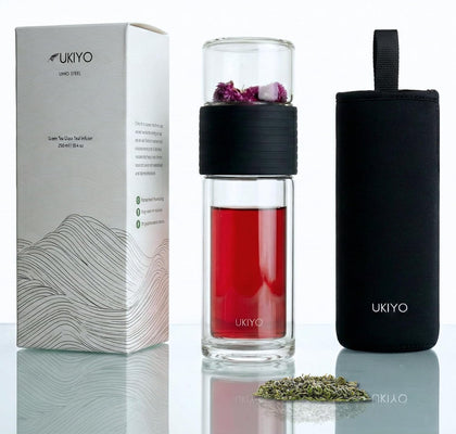 Premium Double-Wall Glass Tea & Fruit Infuser Bottle - Travel Tumbler with Stainless Steel Filter and Neoprene Sleeve