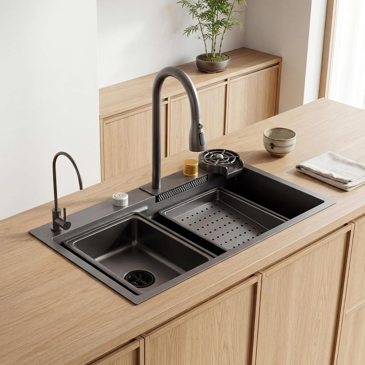 33” x 22” Workstation Kitchen Sink Black Stainless Steel Drop-In Sink with Honeycomb Embossing Glass Single Bowl with