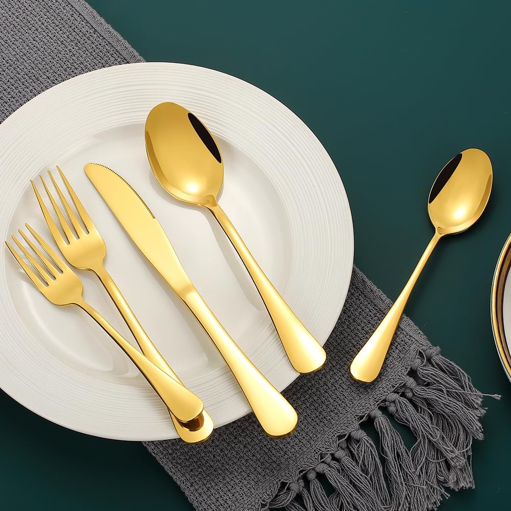 Gold Silverware Set for 12, Compralo 60 Pieces Stainless Steel Shiny Gold Flatware Set, Cutlery Tableware Set Include