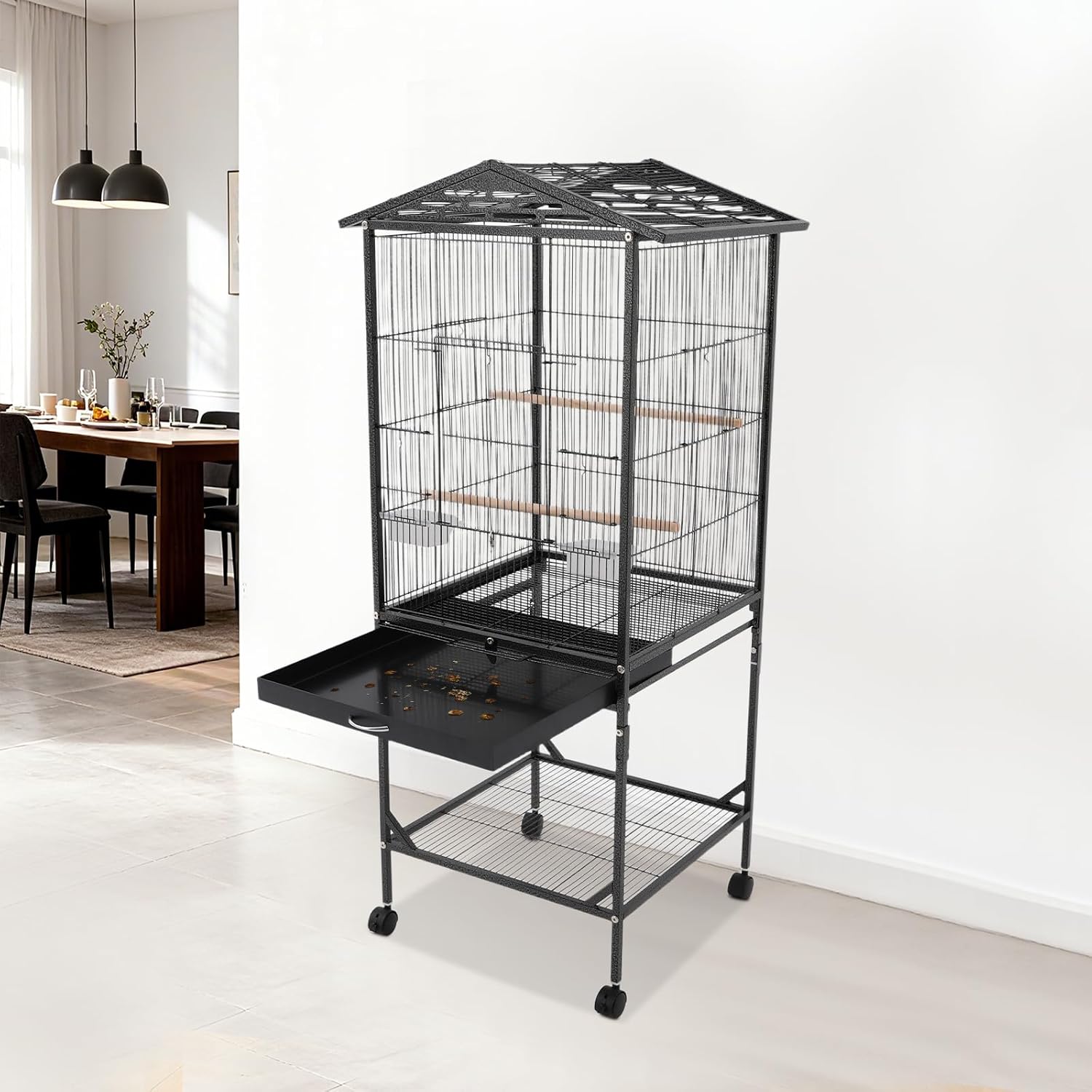 Large Heavy Duty Wrought Iron Bird Cage with Open Play Top Area & Rolling Stand, Spacious Flight Cage for Parrots