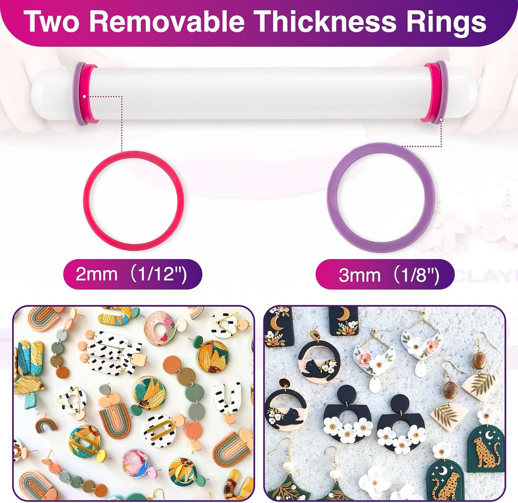 Clay Roller with Thickness Rings and 16" x 12" Silicone Clay Mat with Measurement,Oven-Safe Work Mat with