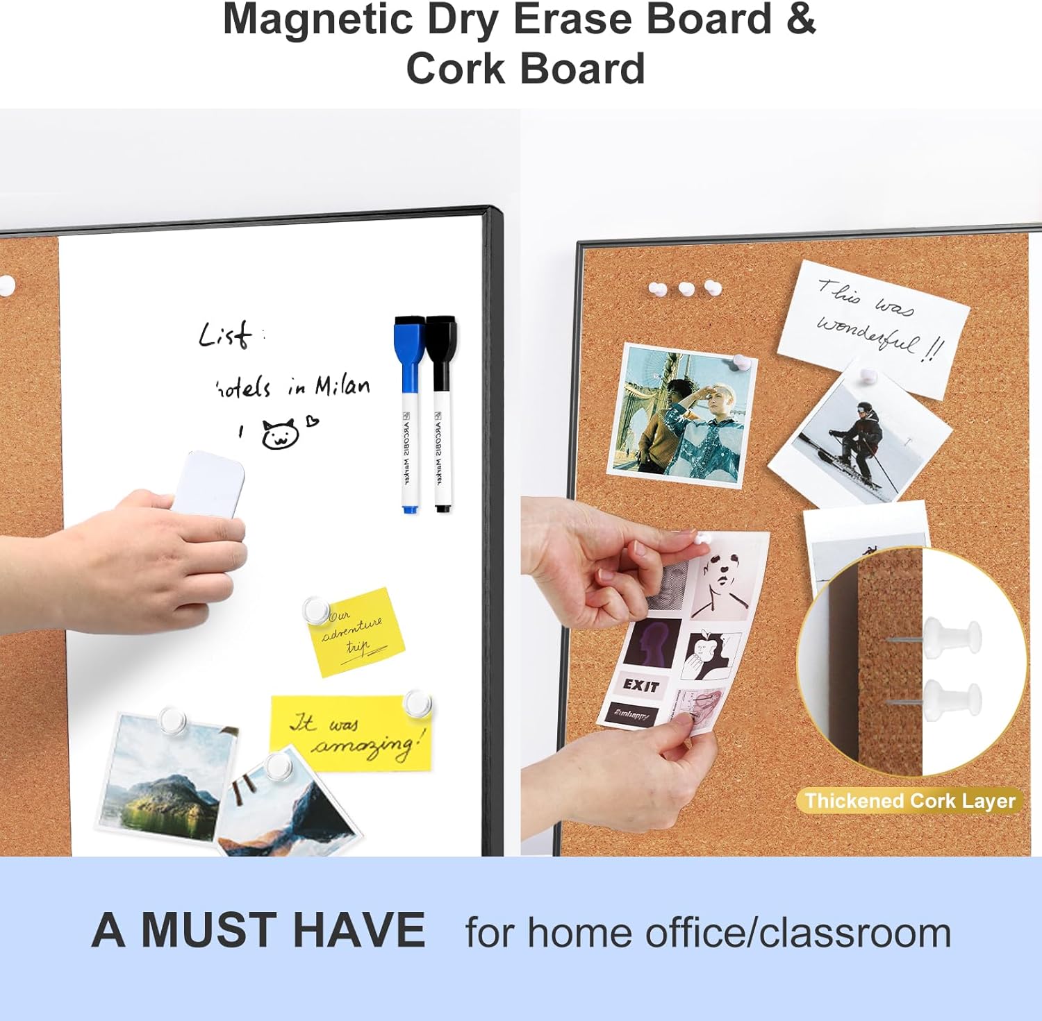 Cork Board White Board Combo, 24 x 18 Inch Bulletin Board, Magnetic Dry Erase Board & Corkboard for Wall, Vision