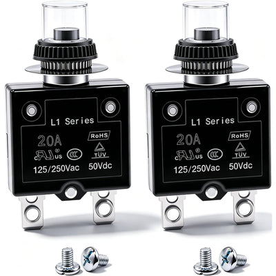 mxuteuk 2Pcs 20Amp Circuit Breakers Push Button Manual Reset 125/250V AC 50V DC, L1 Series Overload Protector Switch Thermal Circuit Breakers with Waterproof Button Caps L1-ls-20A