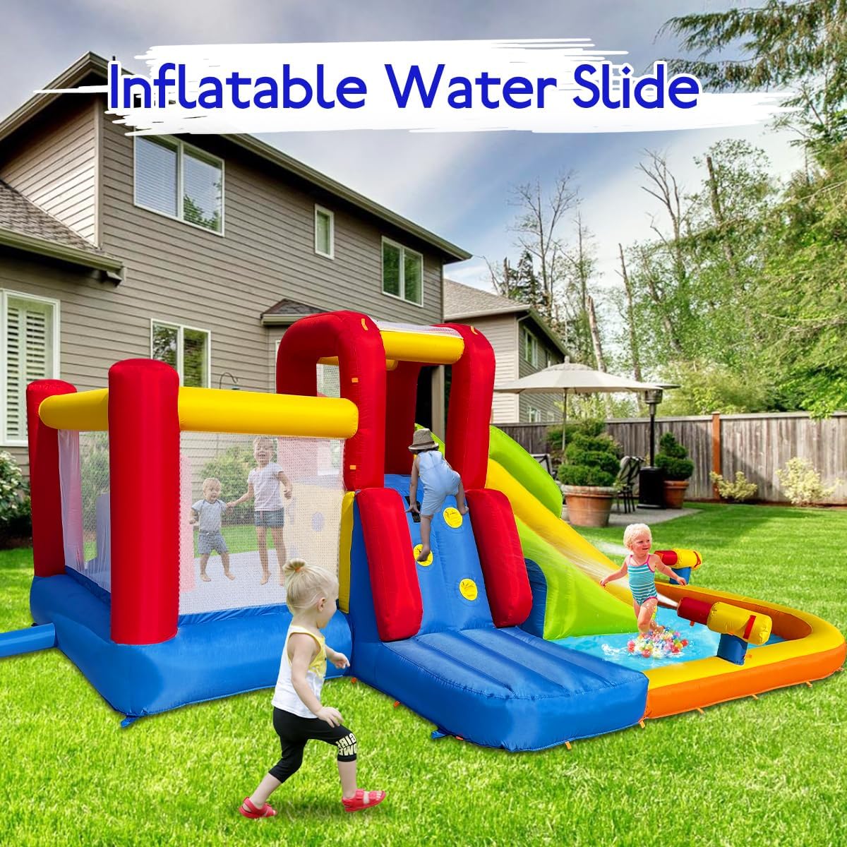 Inflatable Water Slide Bounce House for Kids, 12-In-1 Water Park with Splash Pool, Double Cannons, 2 Climbing Walls
