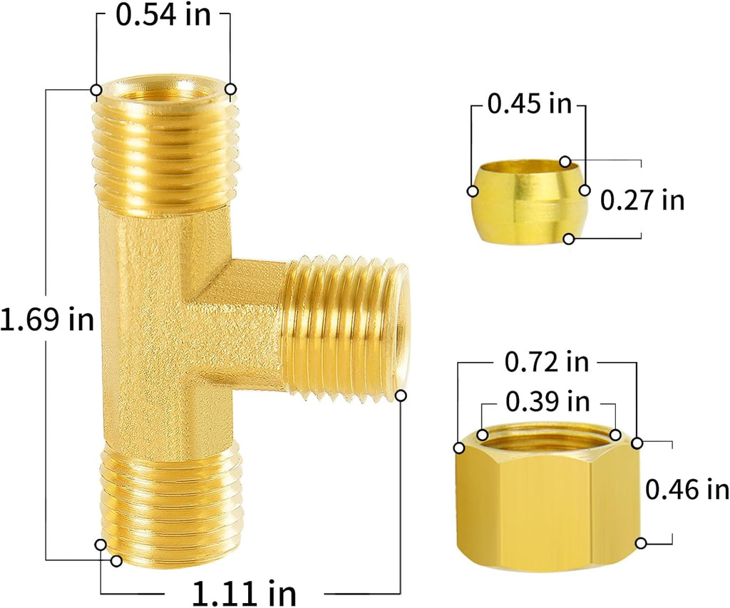 ChillWaves Brass Tee Compression Tube Fitting, 3/8" OD x 3/8" OD x 3/8" OD Compression Union Connector(5-PACK)