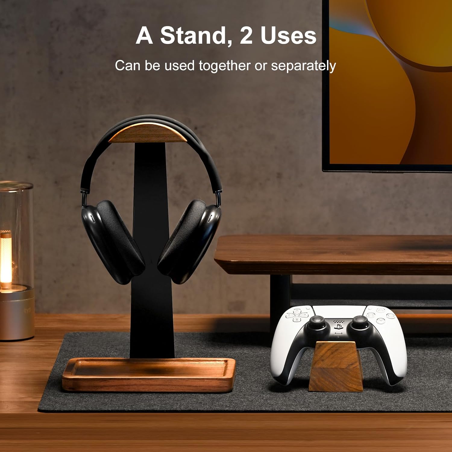 Walnut Headphone Stand with Controller Holder & Storage Base | Solid Wood Grain, Gear & Charger Storage, Gamer Gift