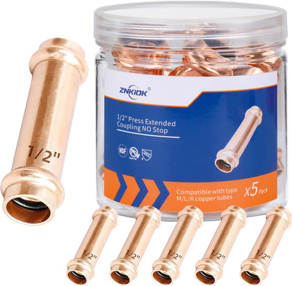 (Znkiok 5 pack)1/2" Press Copper Fittings Zero Lead, 1/2 Inch Press Extended Coupling No Stop For Copper Tube Connection,UPC,NSF/ANSI61 Certified.