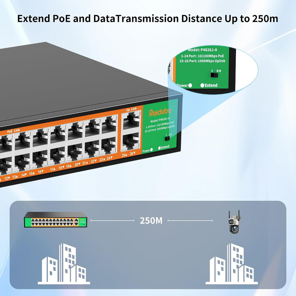 24 Port PoE Switch with 2 Gigabit Ethernet Uplink Port, Support IEEE802.3af/at, 400W High Power, Fanless, Plug and