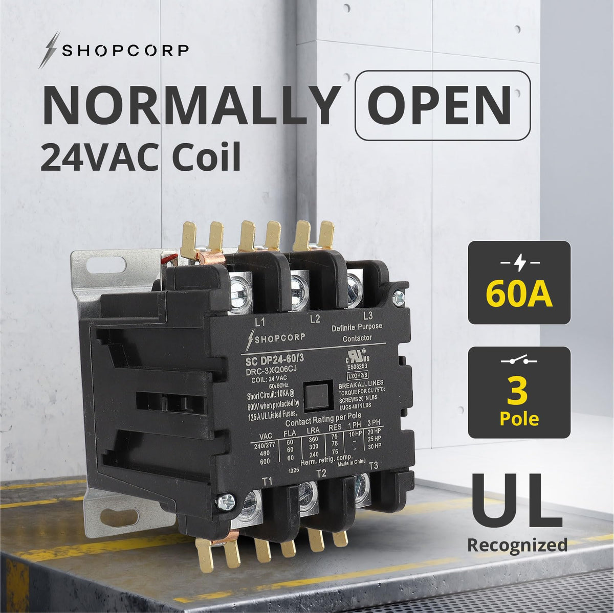 60 Amp AC Contactor, 3 Pole Contactor, 24V Coil, UL Recognized