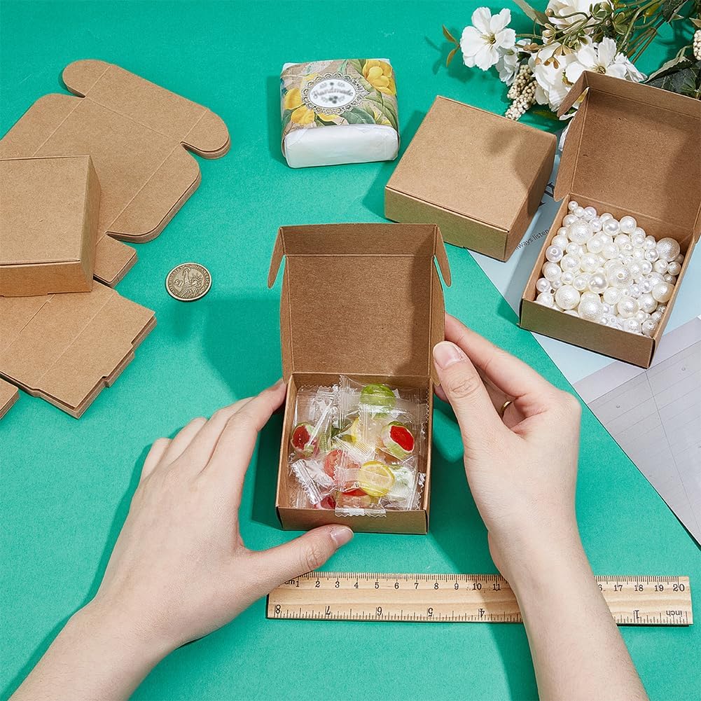 50Pcs Small Cardboard Boxes 3x3x1.2 Inch Square Jewelry Kraft Box Corrugated Mailer Box Brown Cardboard Present Boxes