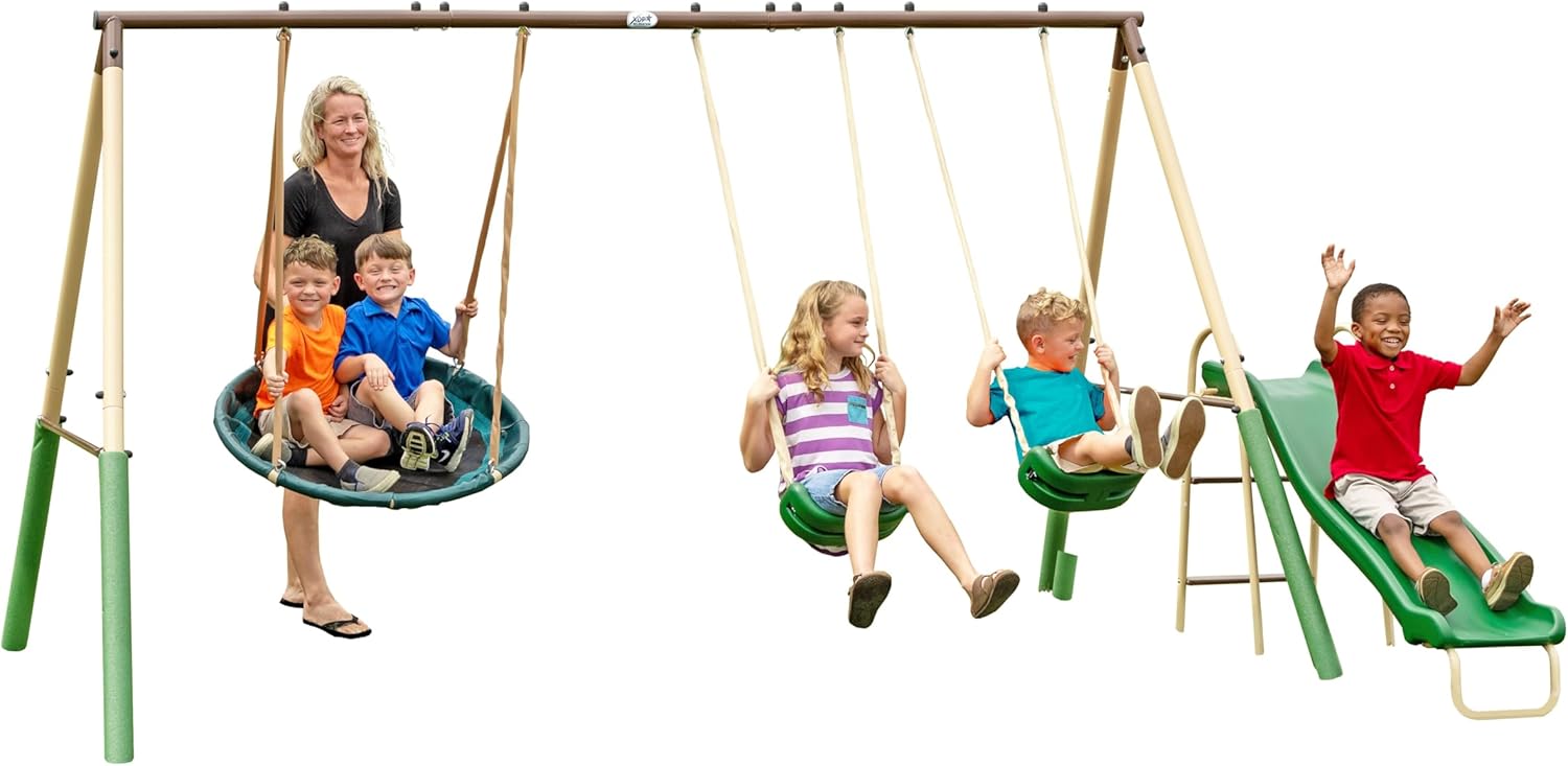 SuperDisc Swing Set with SuperDisc Swing. 5 User Capacity, Easy Assembly, Metal Frame Backyard Playground Set for