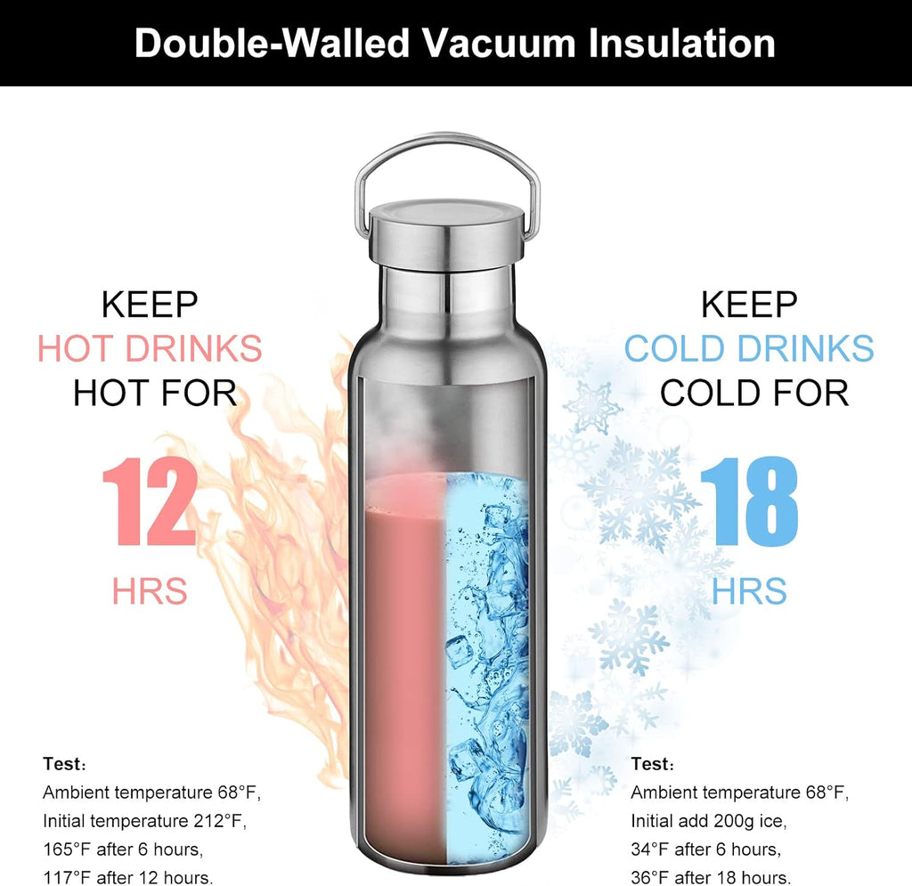 20 oz Insulated Water Bottles Bulk 2 Pack,Stainless Steel Double Wall Sport Bottle with Lid of Handle,Metal Reusable