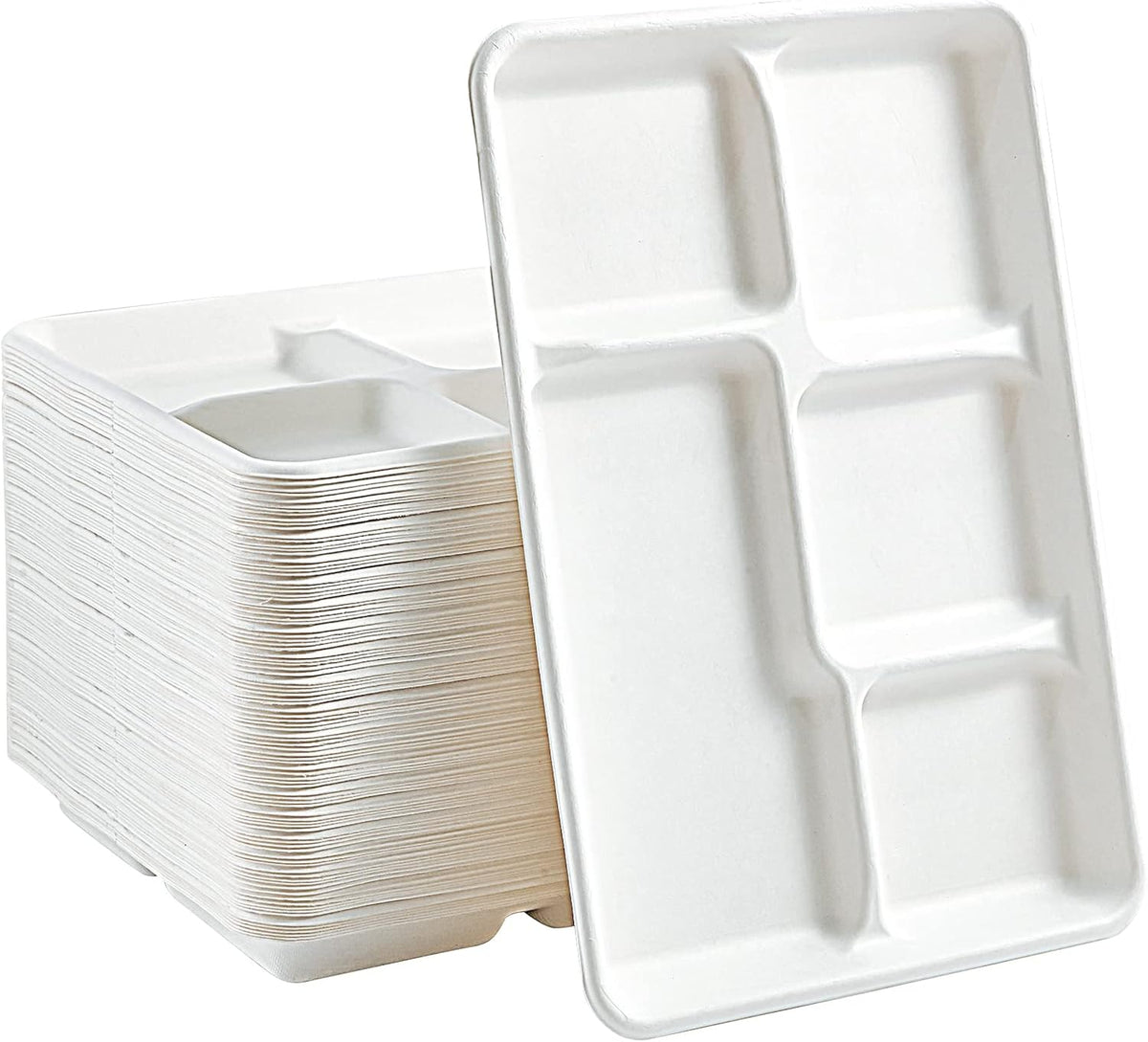 Compostable 5 Compartment Paper Plates, 100 Pack, 12.5 x 8.6 inch