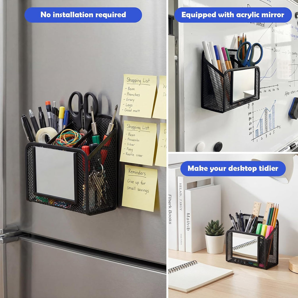2 Pack Magnetic Mesh Locker Organizer with Mirror, Magnetic Pencil Holder Storage Caddy, 2 Compartments Locker