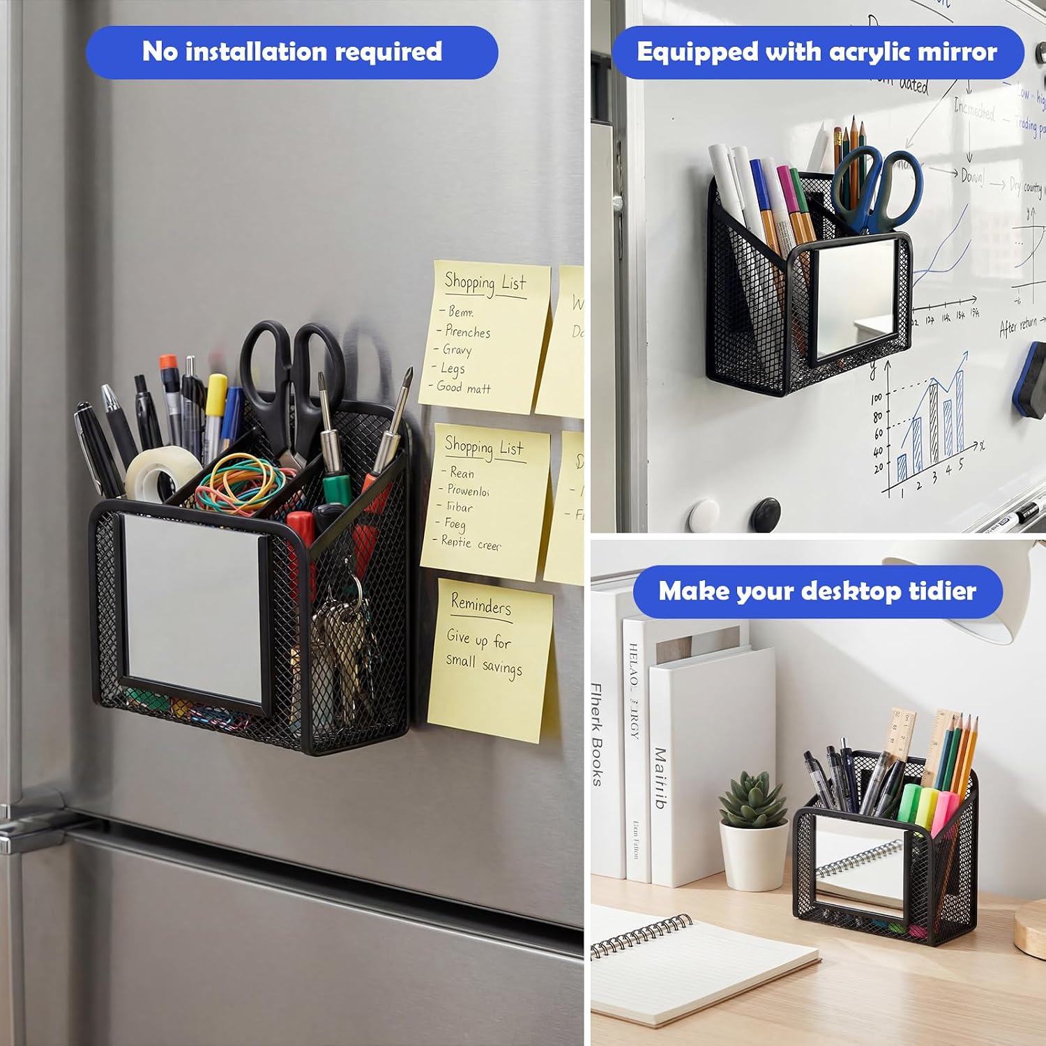 2 Pack Magnetic Mesh Locker Organizer with Mirror, Magnetic Pencil Holder Storage Caddy, 2 Compartments Locker