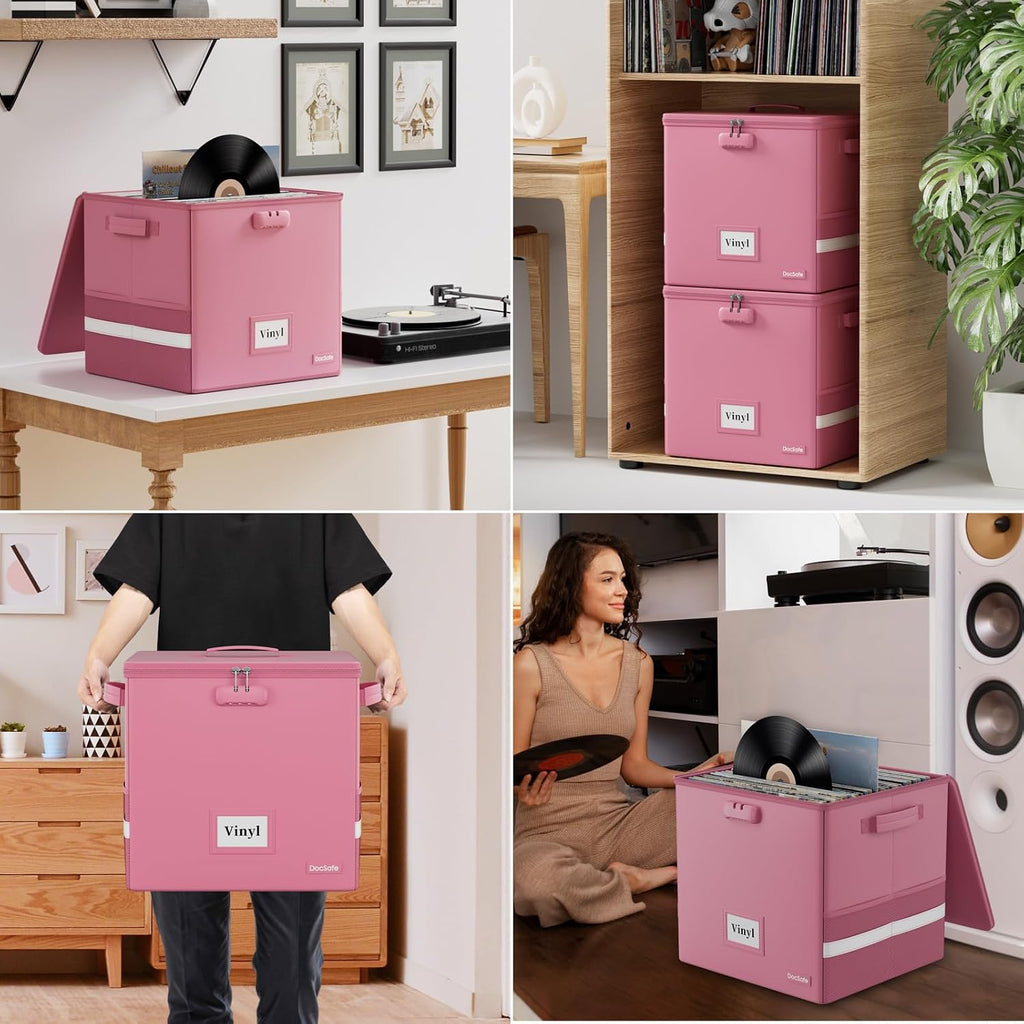 Vinyl Record Storage Box with Lock, Fireproof＆Water Resistant Record Organizer for 100+ Single Records(12-inch)