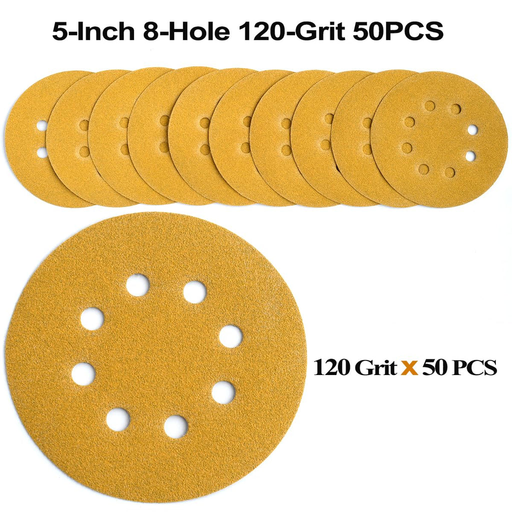 5-Inch 8-Hole Hook and Loop Sanding Discs 120-Grit, 50-Pack