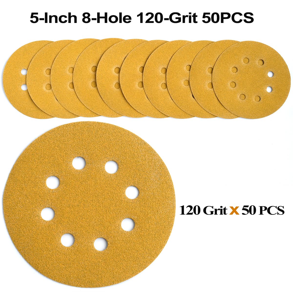 5-Inch 8-Hole Hook and Loop Sanding Discs 120-Grit, 50-Pack