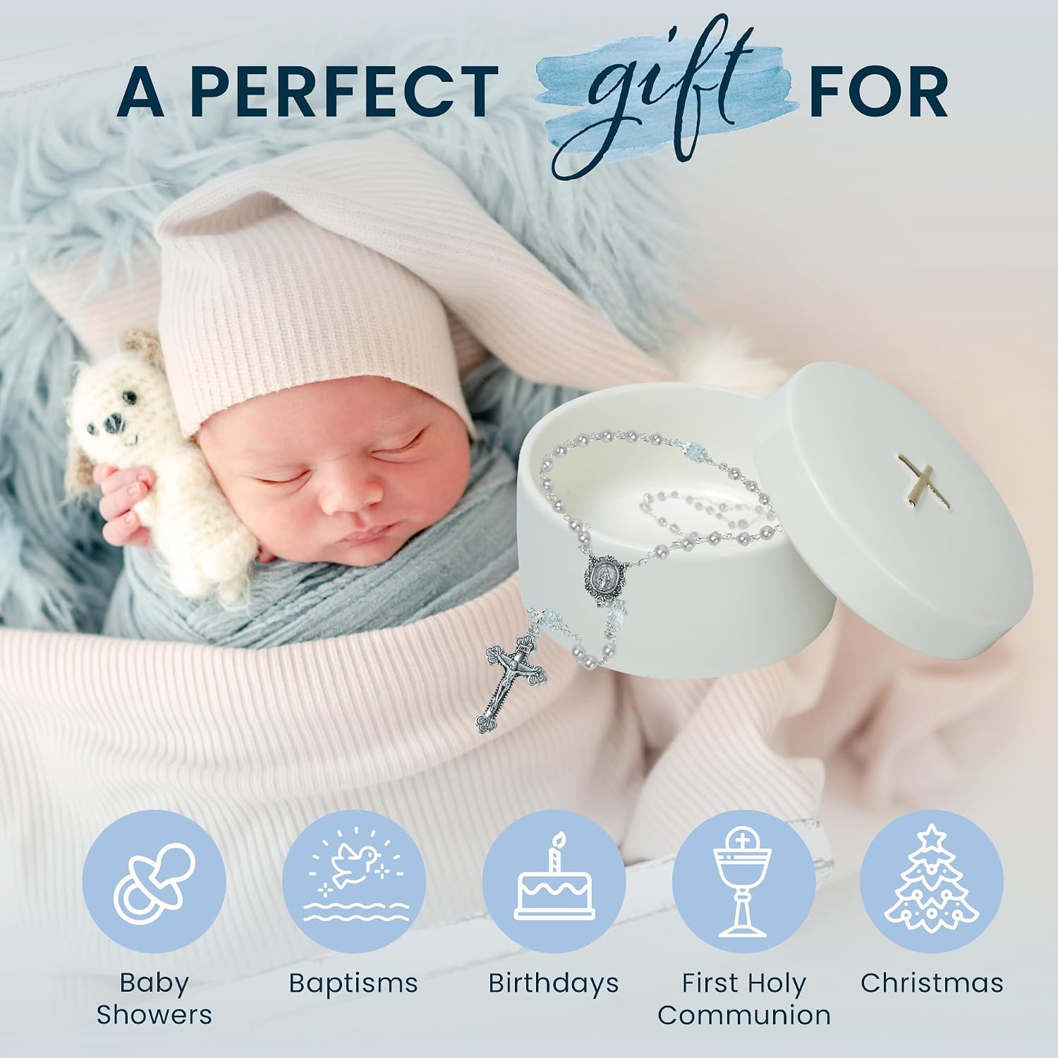 Baptism Gifts for Boys and Girls – White Rosary with Ceramic Keepsake Box and Card