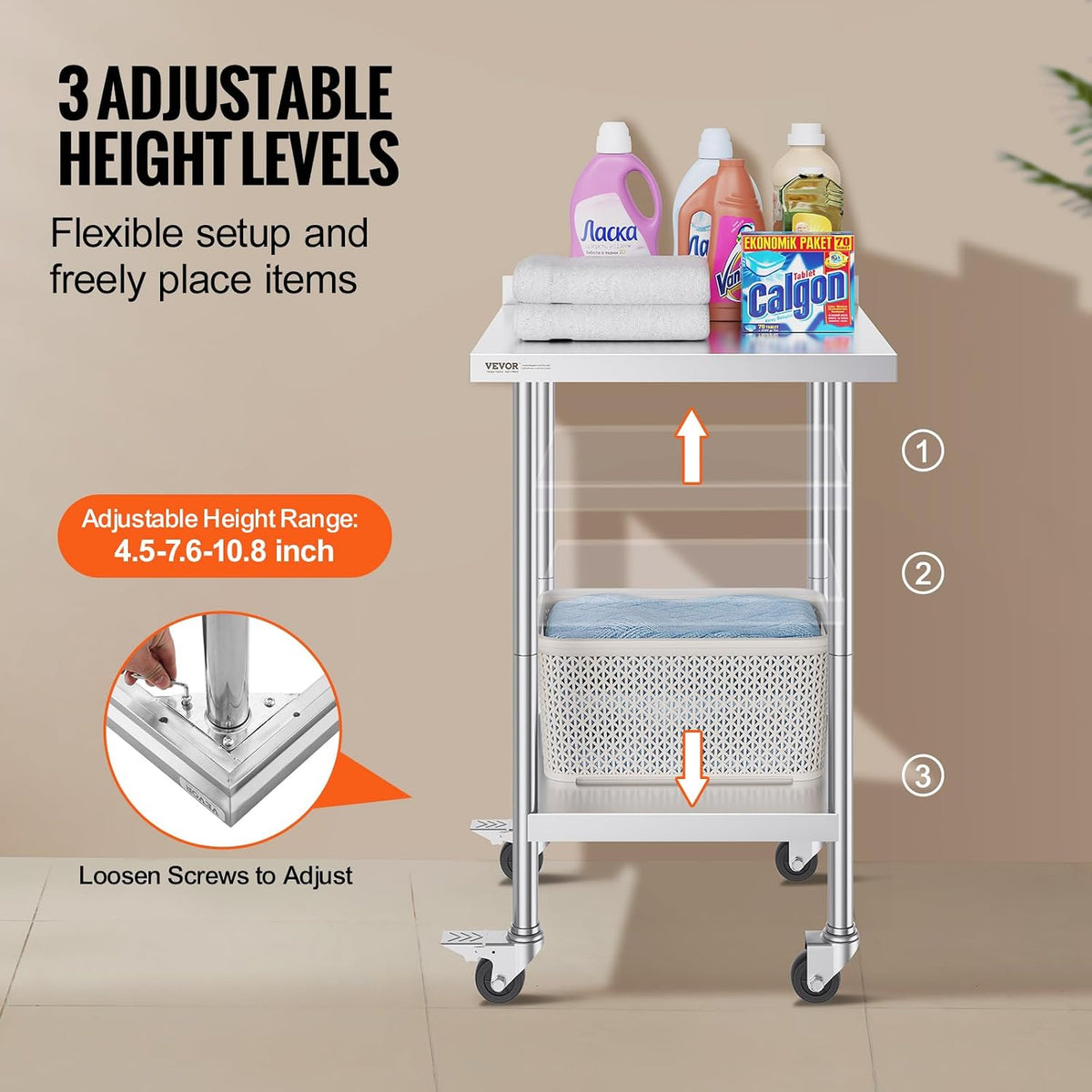 24 x 24 x 40 Inch Stainless Steel Work Table, Commercial Food Prep Worktable with Casters, Heavy Duty Prep Worktable
