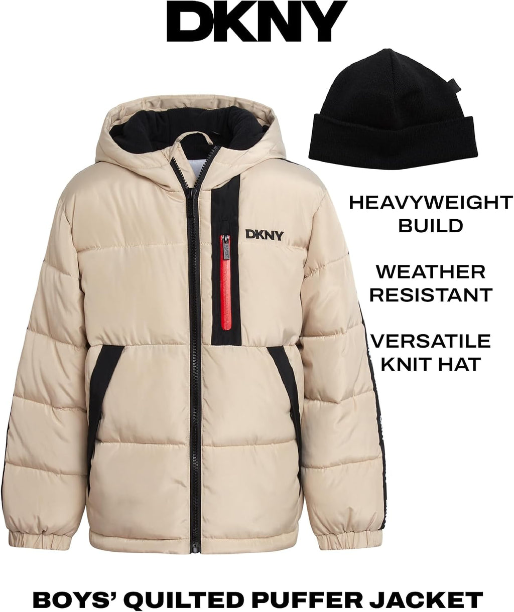 DKNY Boys Winter Jacket,Heavyweight Fleece Lined Puffer,Quilted Coat, Hat | Soft Polar Fleece Lined Warmth, Water