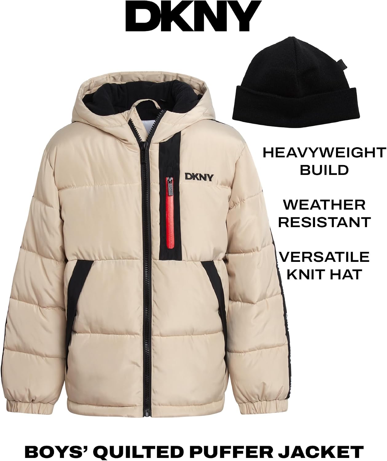 DKNY Boys Winter Jacket,Heavyweight Fleece Lined Puffer,Quilted Coat, Hat | Soft Polar Fleece Lined Warmth, Water
