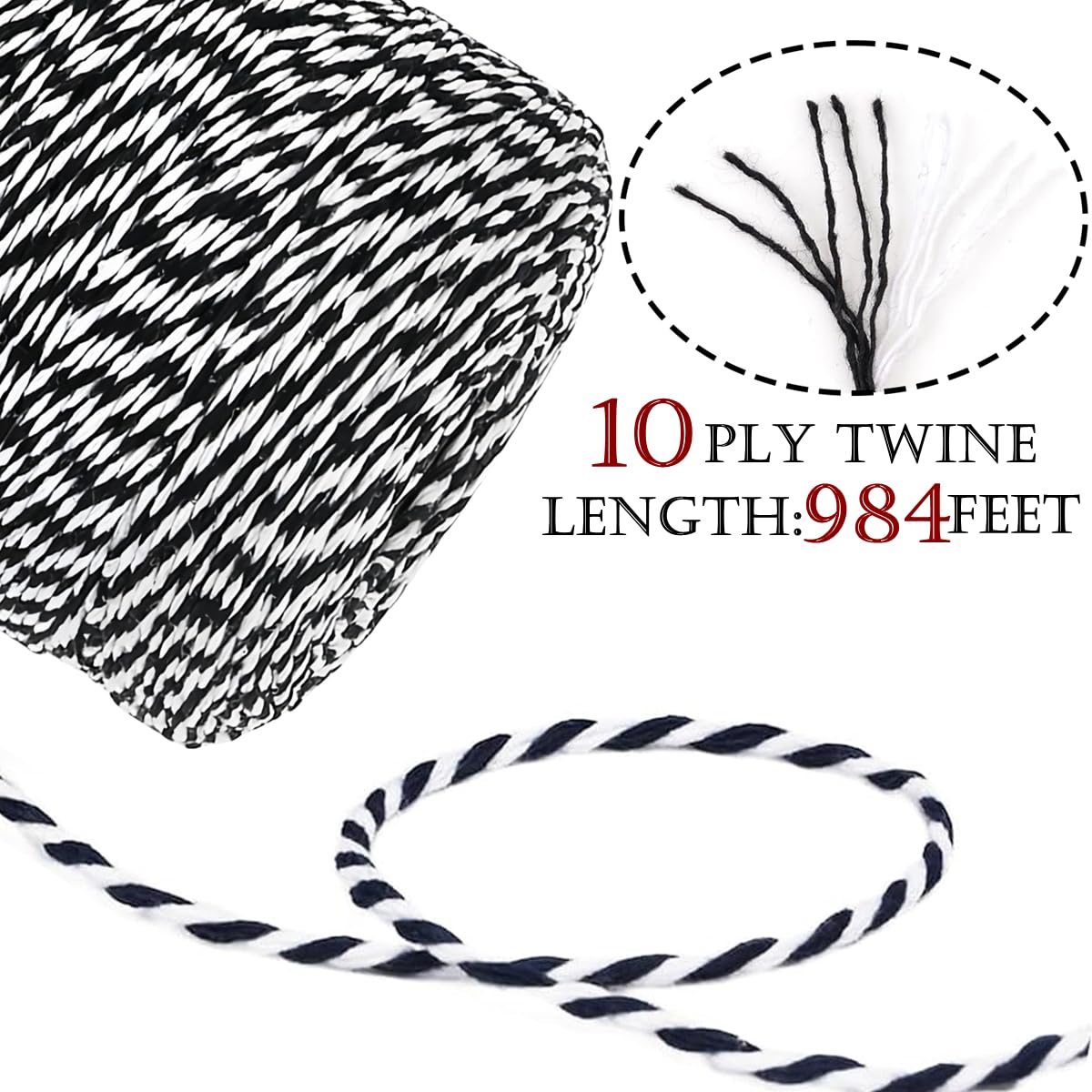 Black White Cotton Twine 2mm 984ft String for Baking Butcher Craft Wrap