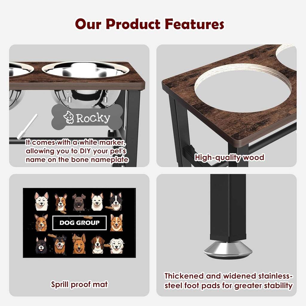 Elevated Dog Bowls with Slow Feeder & Mat for Medium and Large Dogs, 12" Tall Adjustable Wooden & Metal Raised Dog