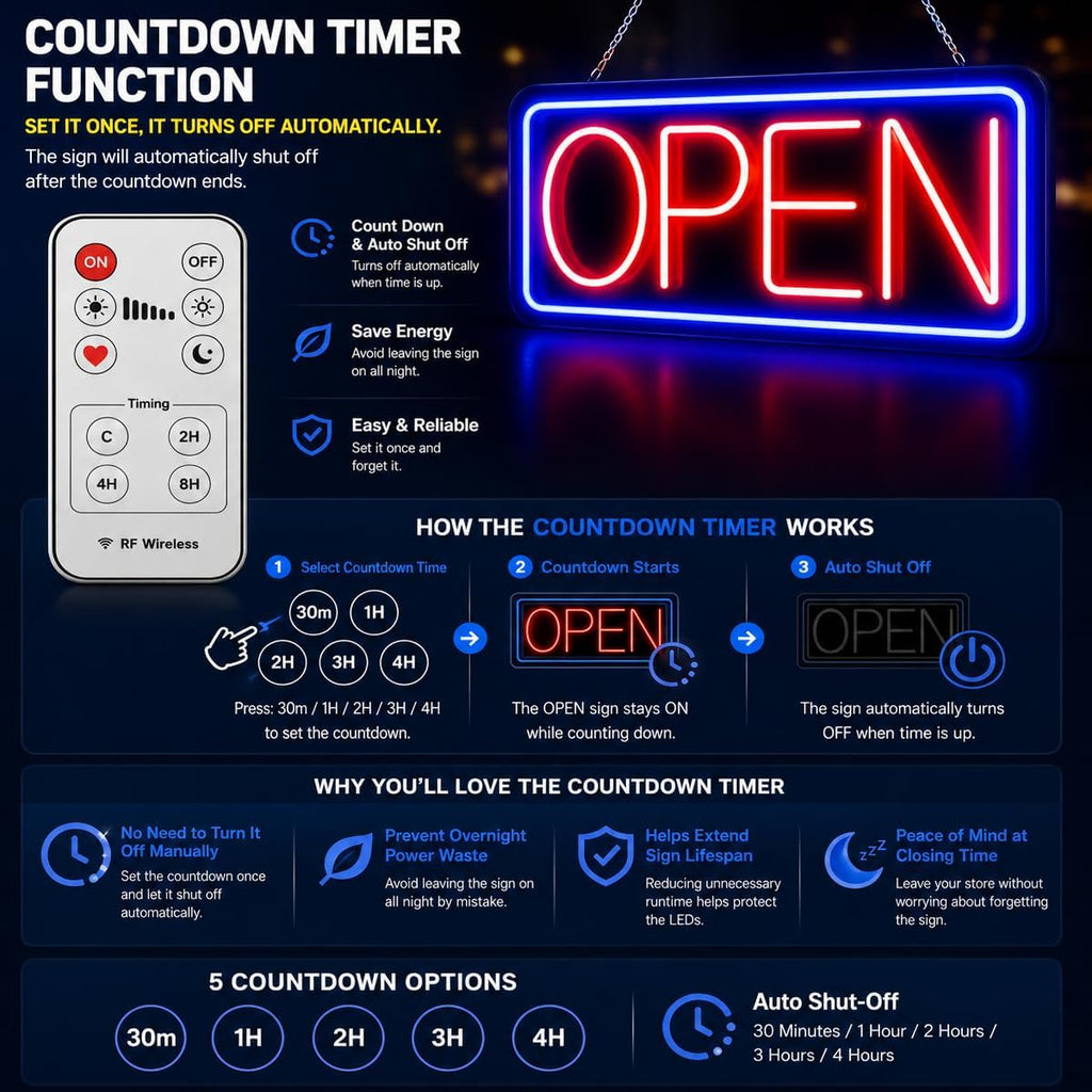 Neon Open Sign for Business, 17 x 9 Inch USB Powered LED Open Sign, with Remote Control and Countdown Timer Neon Open