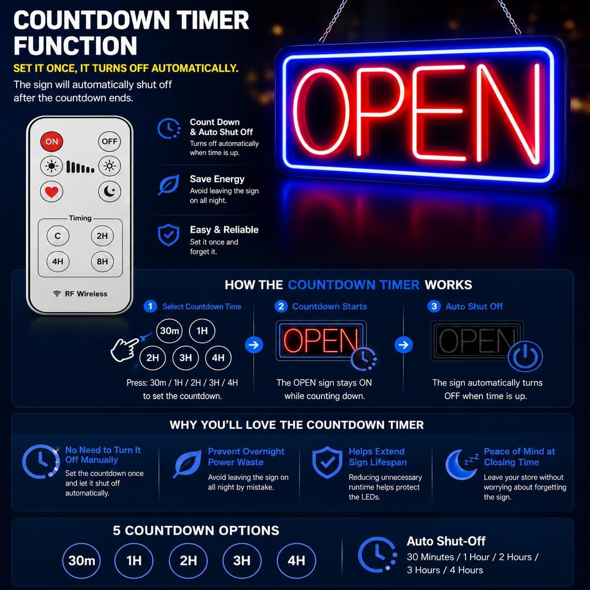 Neon Open Sign for Business, 17 x 9 Inch USB Powered LED Open Sign, with Remote Control and Countdown Timer Neon Open