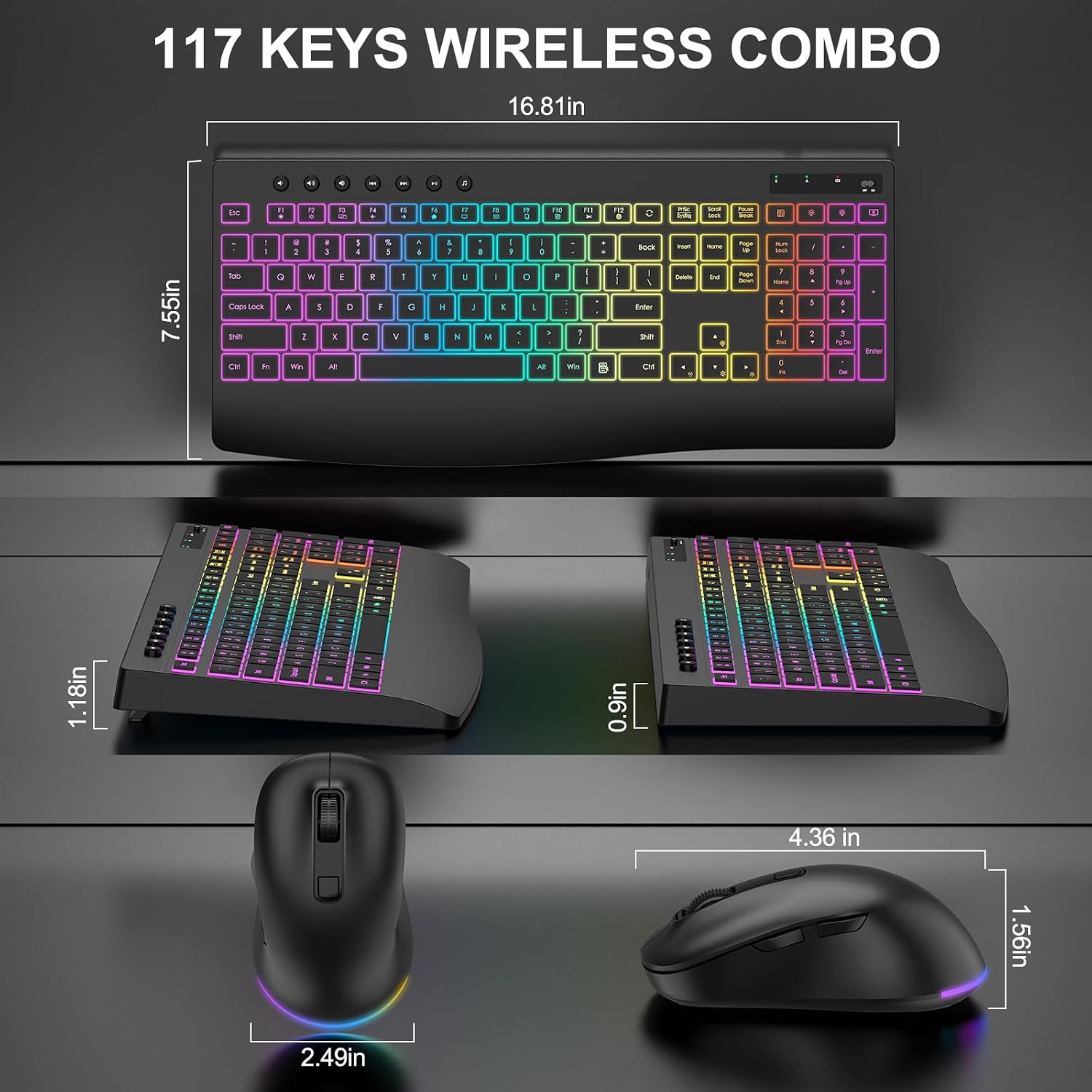 Wireless Keyboard and Mouse Combo, 9 Backlit Effects, 4000mAh Rechargeable Backlit Keyboard with Wrist Rest, 6 Button